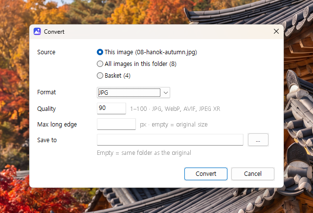 La fenêtre de conversion d’AsapView, avec les options de format de sortie, de qualité et de redimensionnement